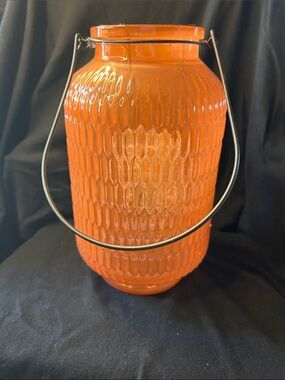Orange Textured Glass Lantern with Metal Handle - Decorative Accent